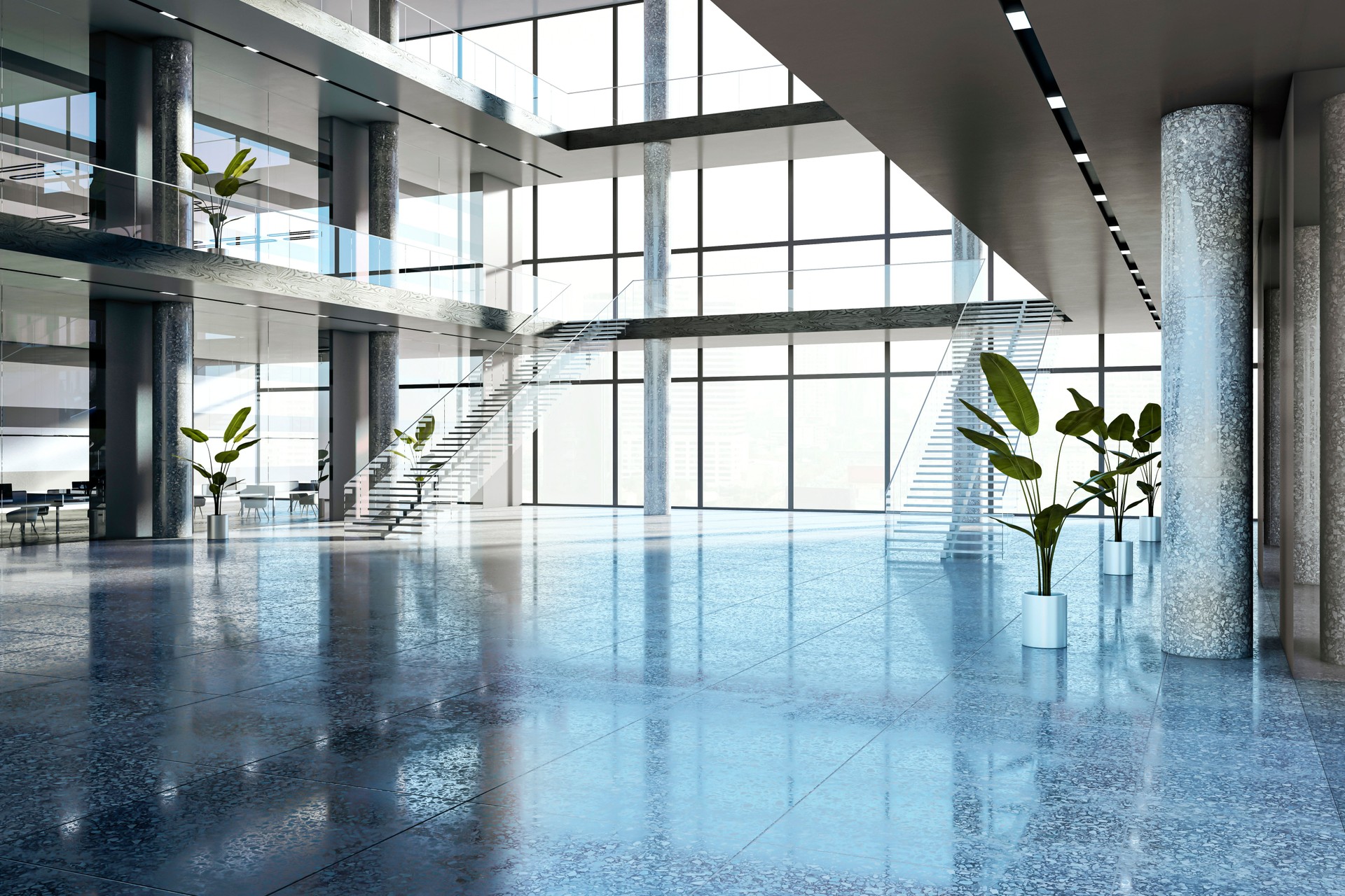 Modern spacious office lobby with glass walls and marble columns. 3D Rendering